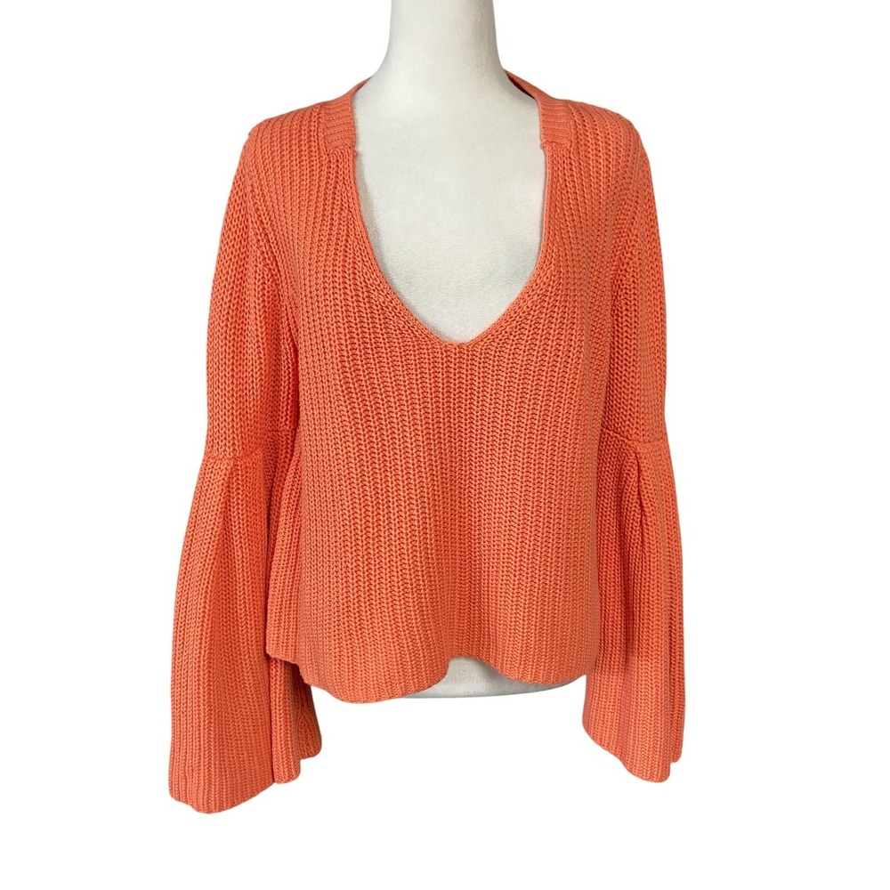 Free People Sweater Womens Small Orange V Neck Bell Sleeve Boho Knit Casual